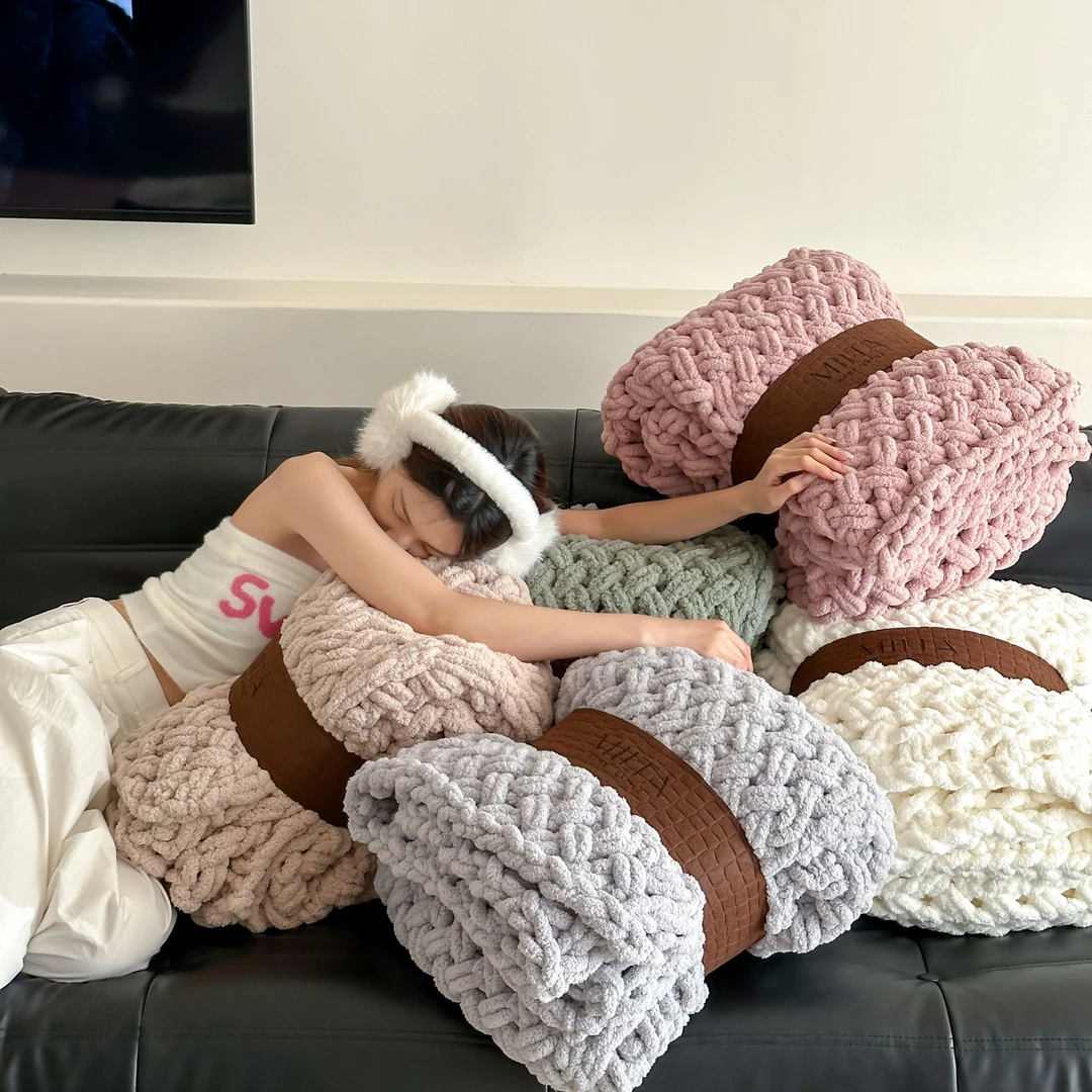 ins粗针半边绒手工沙发毯床尾毯家居毛毯盖毯办公午睡毯子
