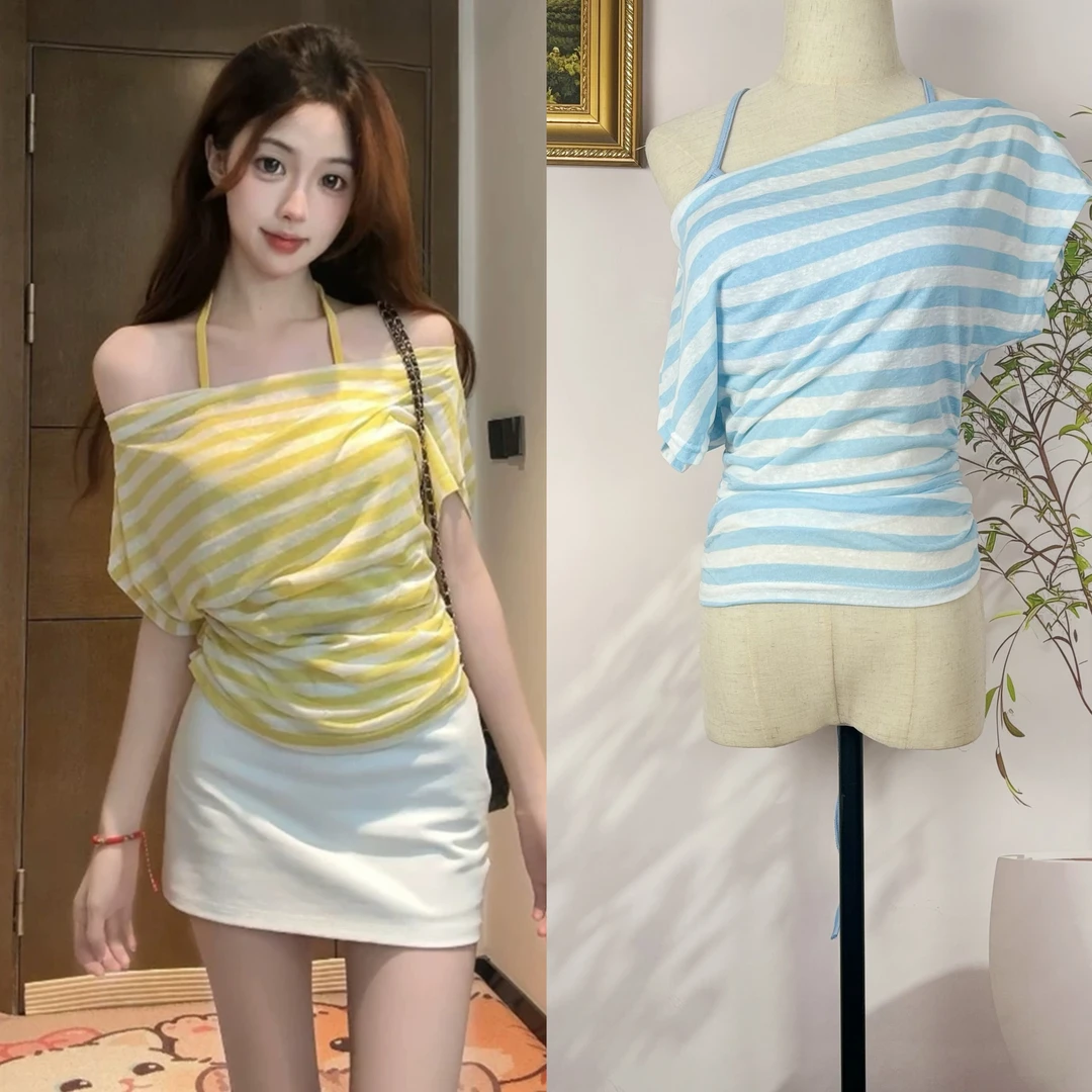 XIAOBAWANG辣妹黑色条纹露肩斜肩短袖设计感修身收腰套装T