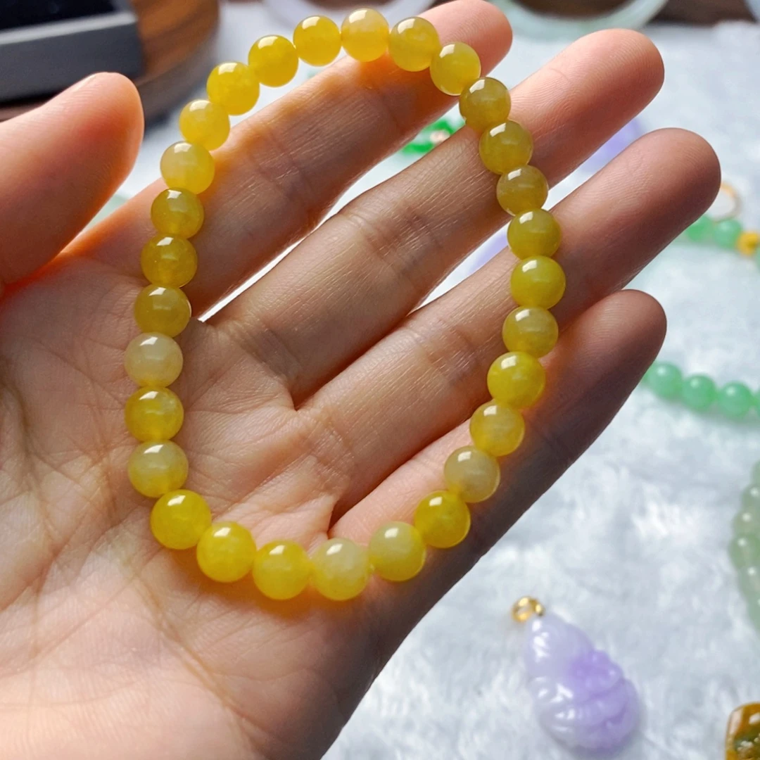 翡翠未镶嵌手串卡6鸡油黄手串