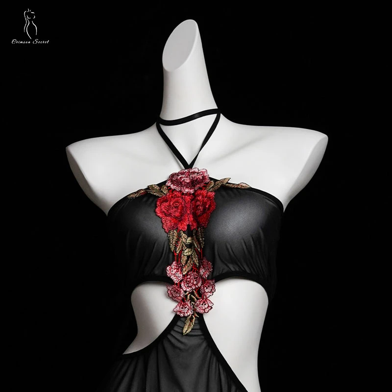 【绯色秘密】辣妹网纱立体花朵吊带挂脖睡裙