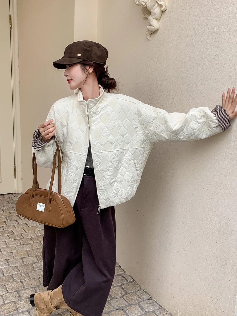2025秋季新款韩版时尚百搭显瘦菱格夹棉外套女短款小个子上衣潮