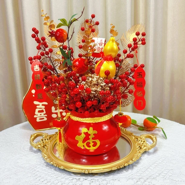 鸿运福气桶年宵花福桶套装红浆果仿真花客厅乔迁新居新店可以摆放