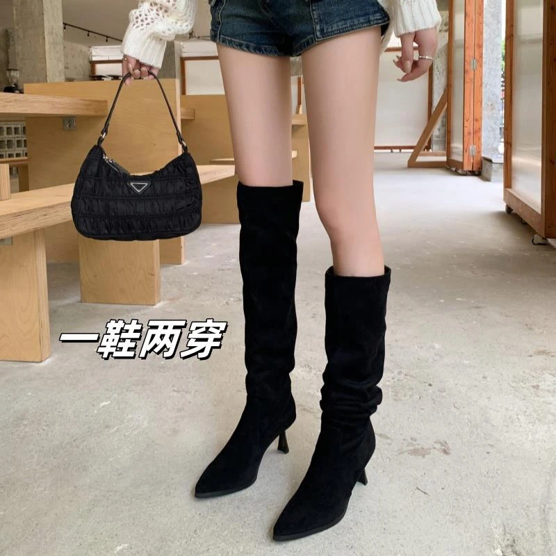 韩系轻熟风~两穿绒面高跟堆堆靴女秋冬尖头细跟显瘦黑色长筒靴女