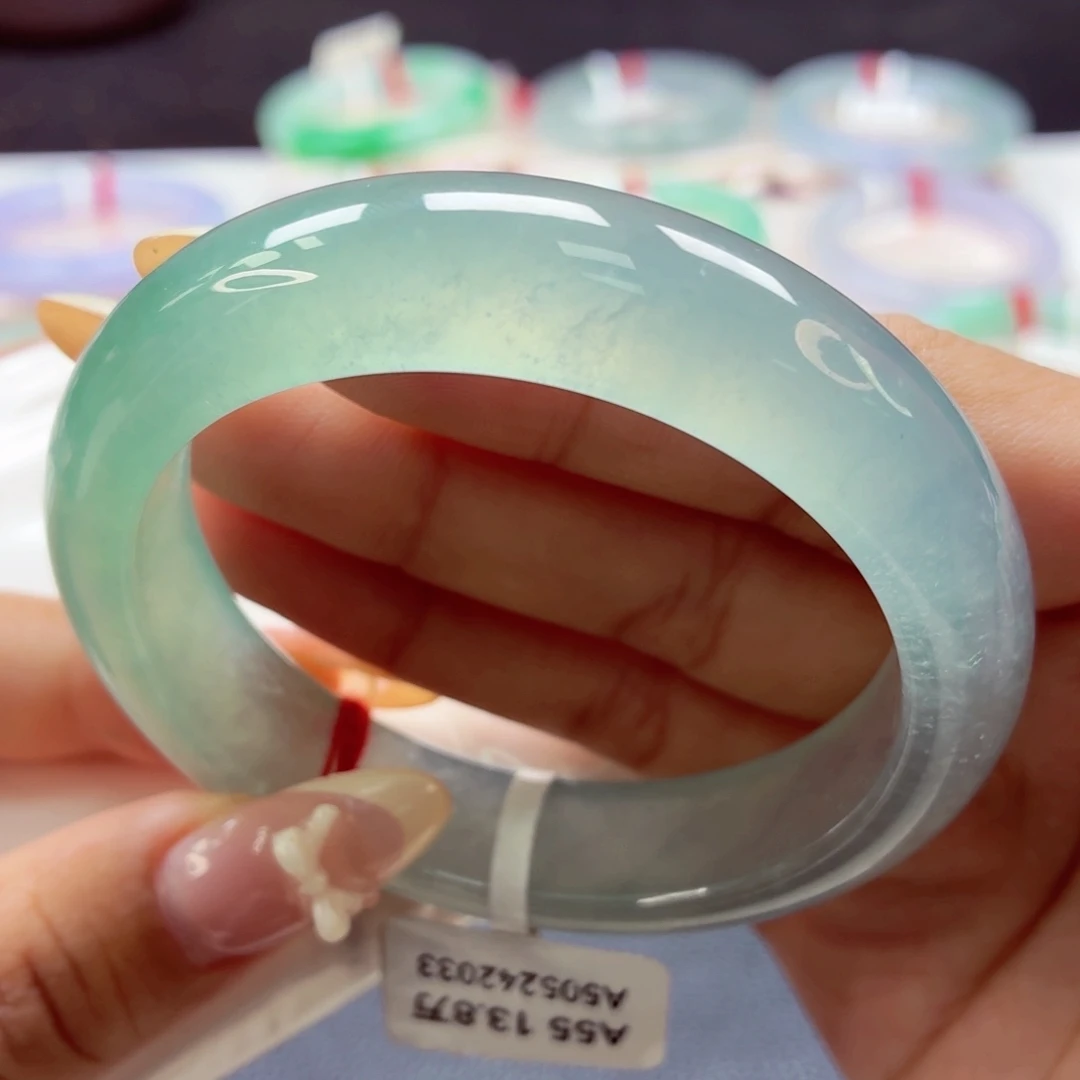 翡翠未镶嵌手镯68小宽版蓝绿半山水54.8-18