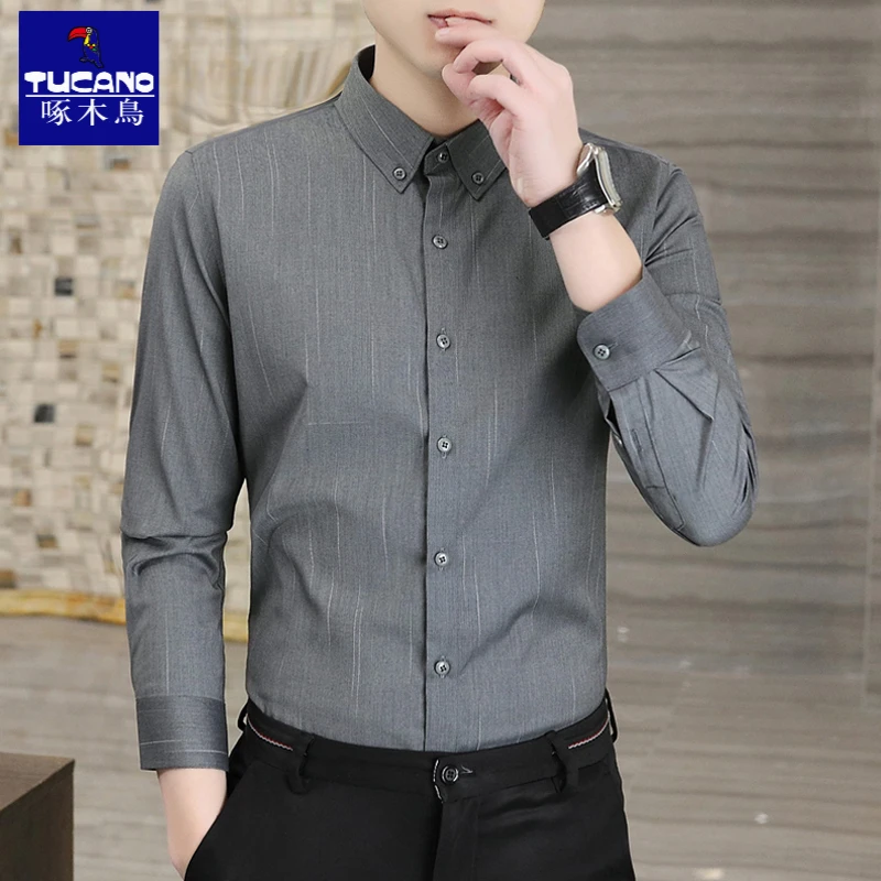 啄木鸟衬衫男款长袖灰色条纹男商务休闲男士衬衣中青年高端男装