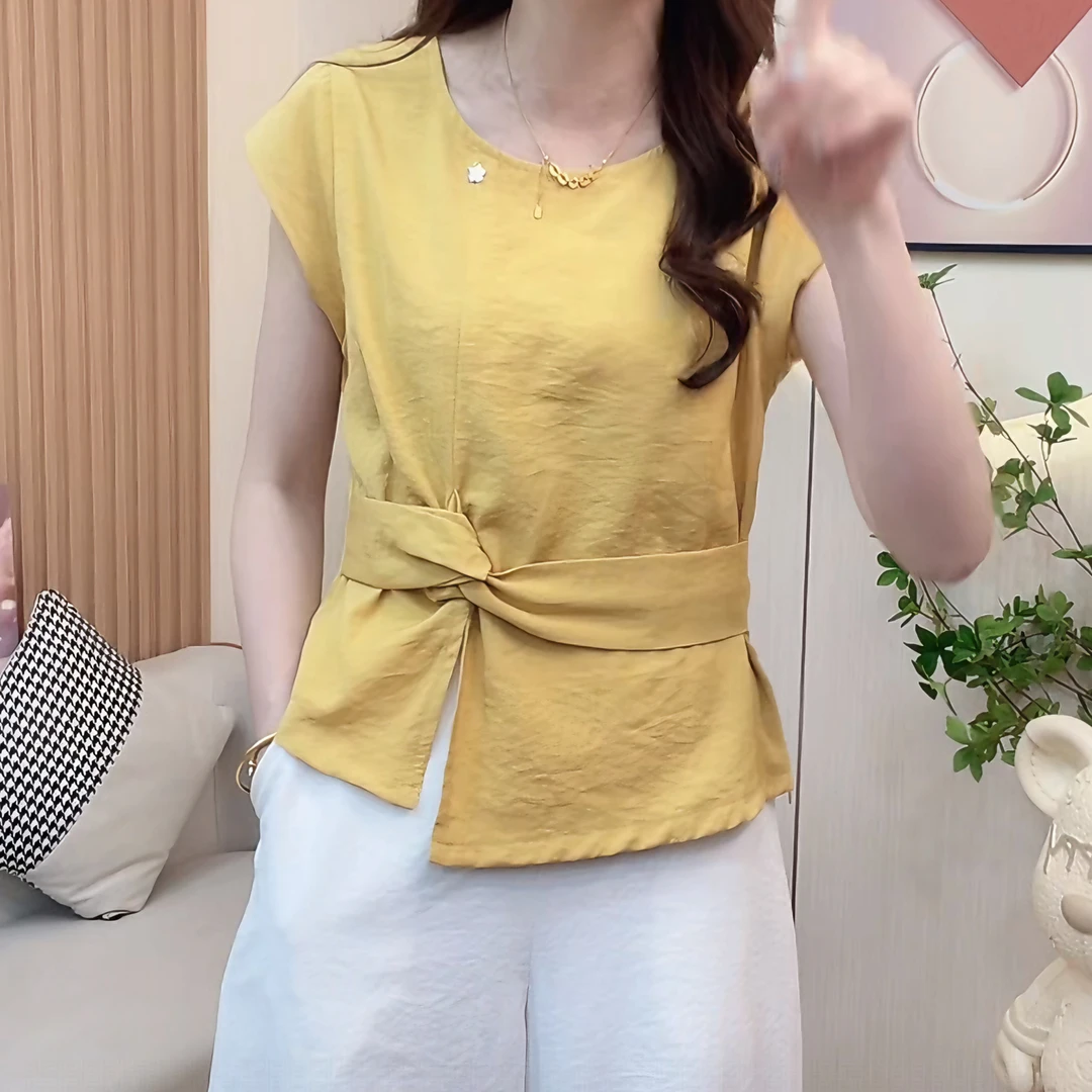 韩系简约交叉绑带短袖衬衫女2025夏季新款设计感小众收腰百搭上衣