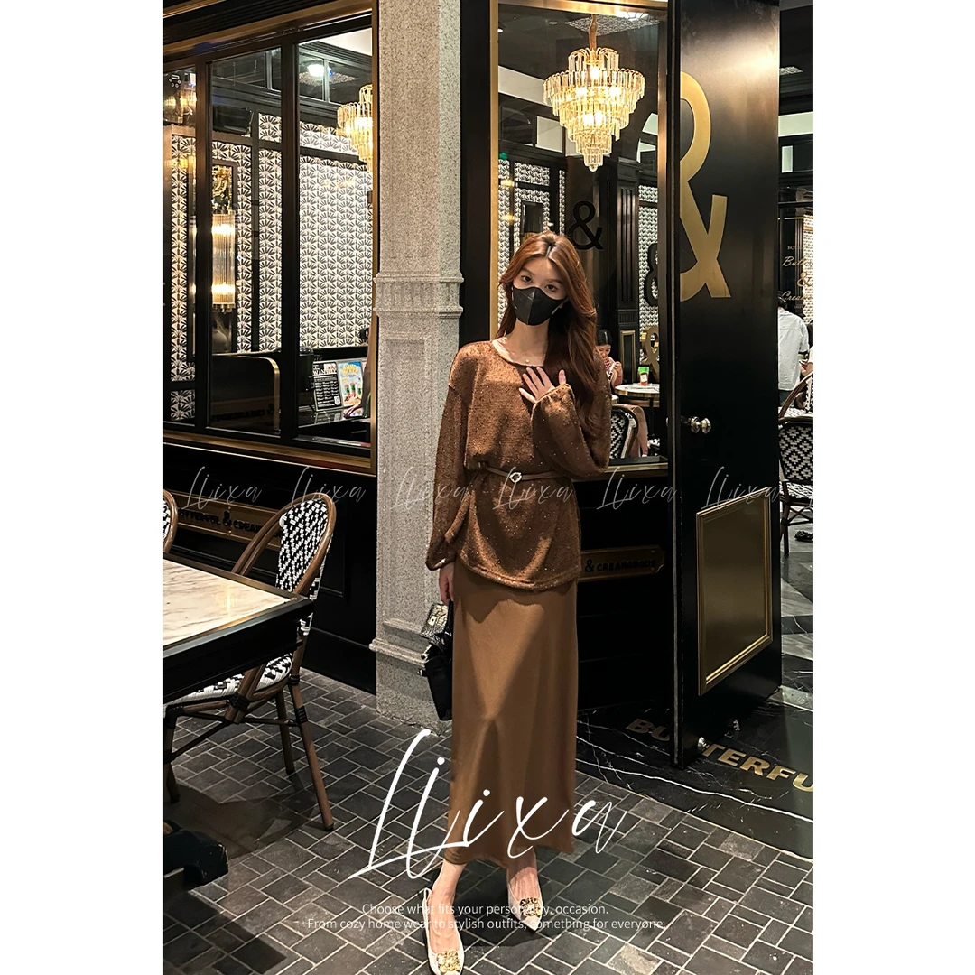 Liixu法式慵懒风针织镂空上衣女春季时尚简约连衣裙三件套24TZ119