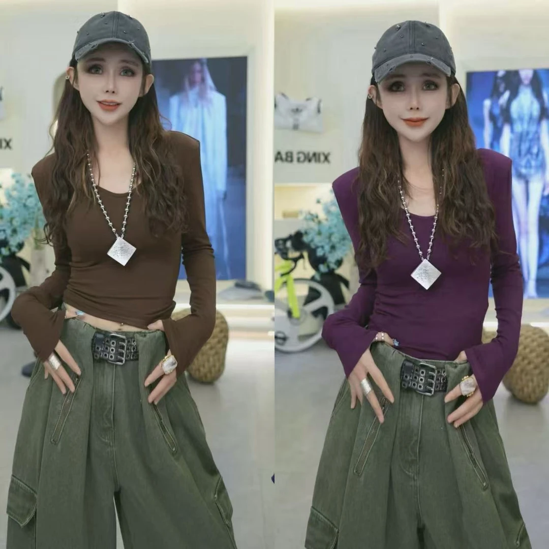 星宝定制秋冬新款V领修身显瘦长袖t恤纯欲甜辣前后两穿打底衫上衣