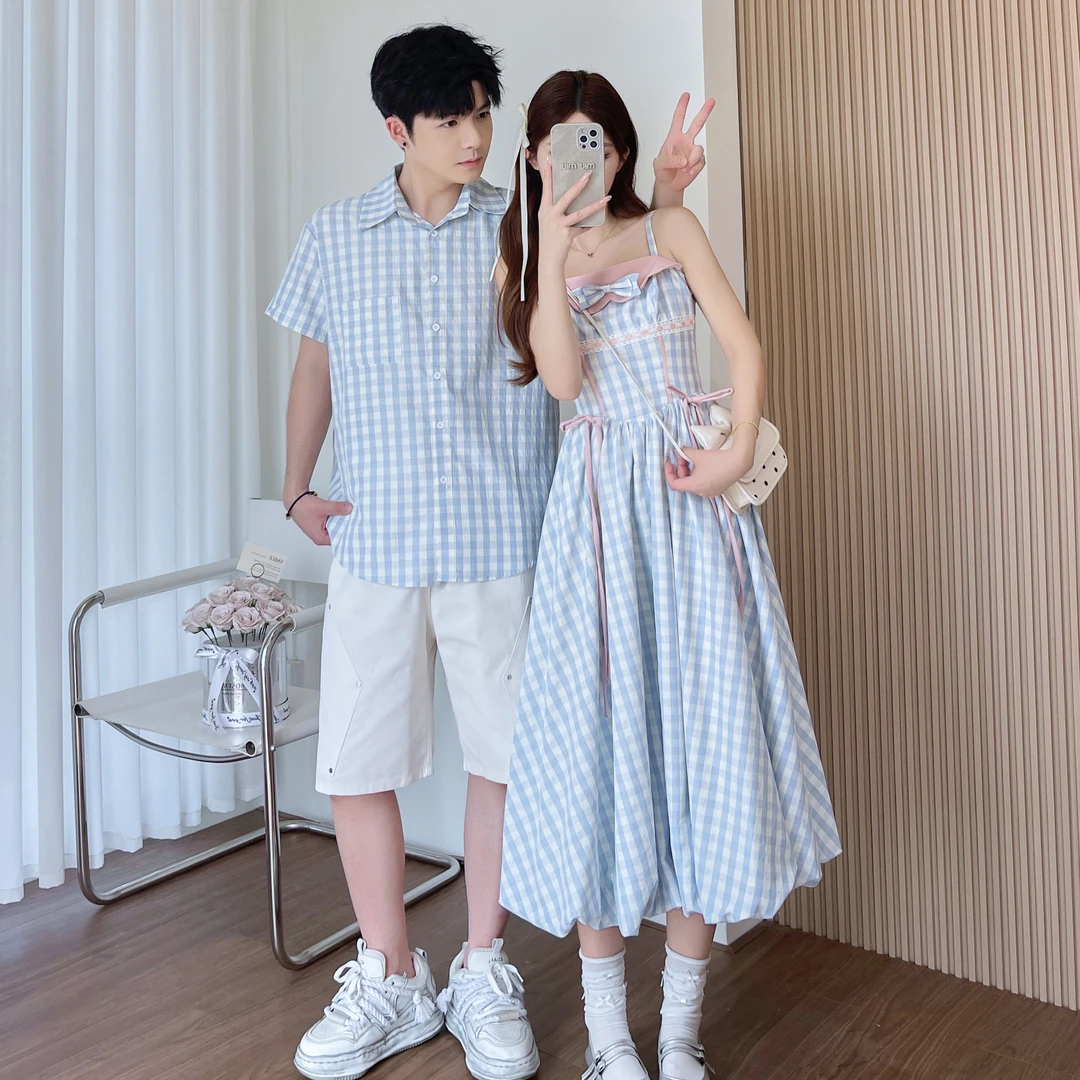 小众设计感情侣装夏季韩版短袖衬衫男女连衣裙法式一裙一衣ins潮