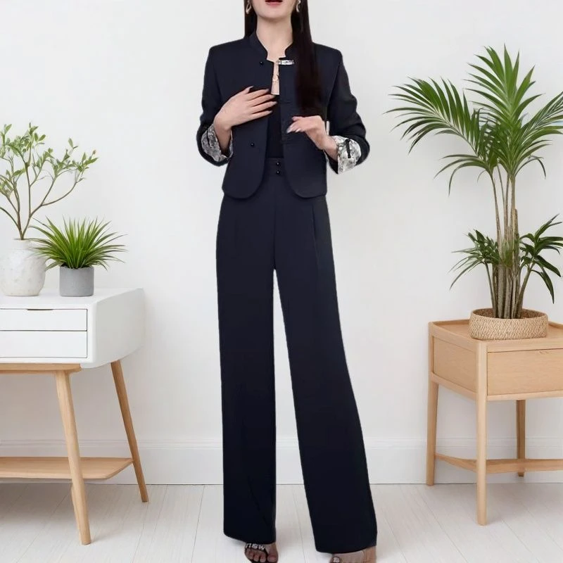 中式西装外套高腰阔腿裤两件套2025春秋新款国风气质洋气优雅套装