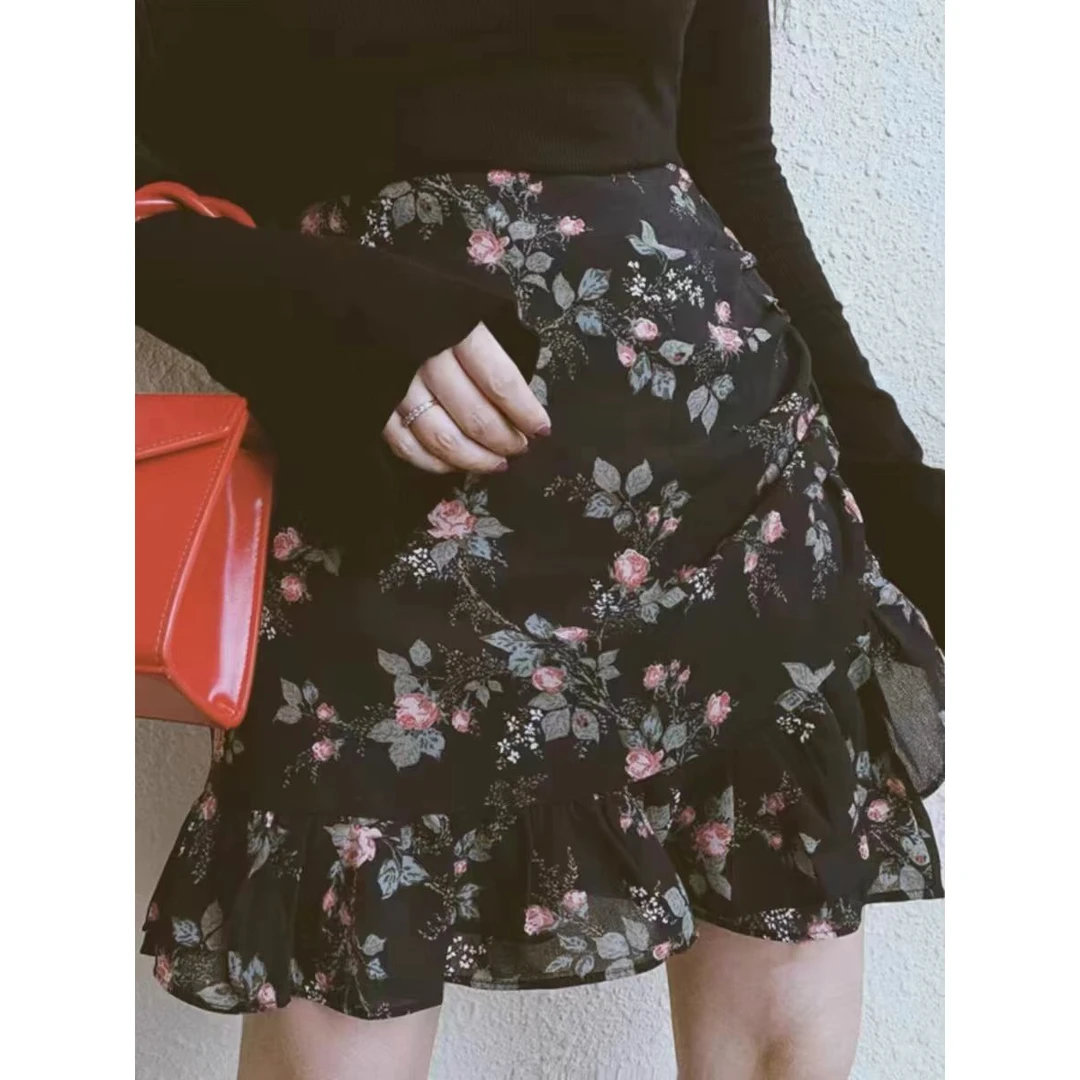 复古碎花半身裙女夏字裙大码胖新款雪纺高腰裙遮胯荷睡衣