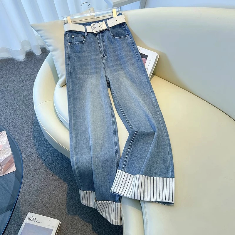 蓝色牛仔九分阔腿裤女春季2025新款拼接窄版高腰宽松显瘦直筒裤子