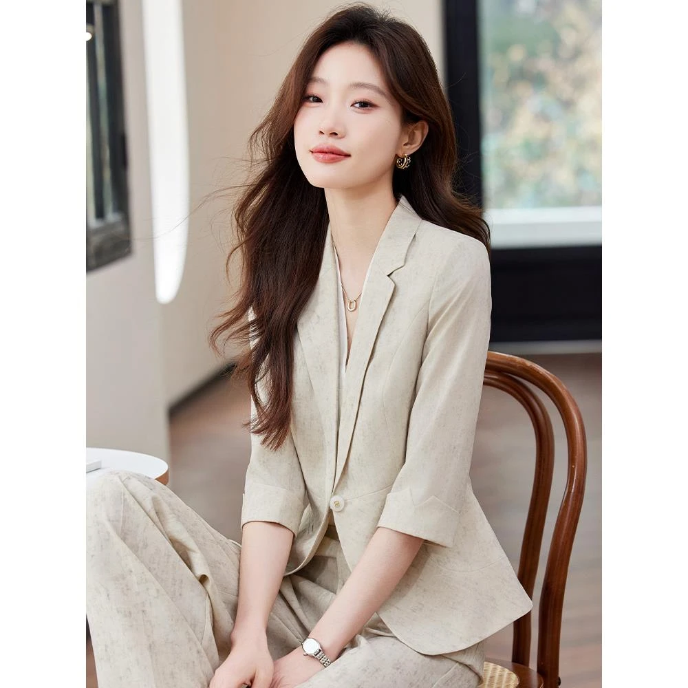 杏色西装女士中袖时尚高级气质女神范职业装西服夏季薄款休闲外套