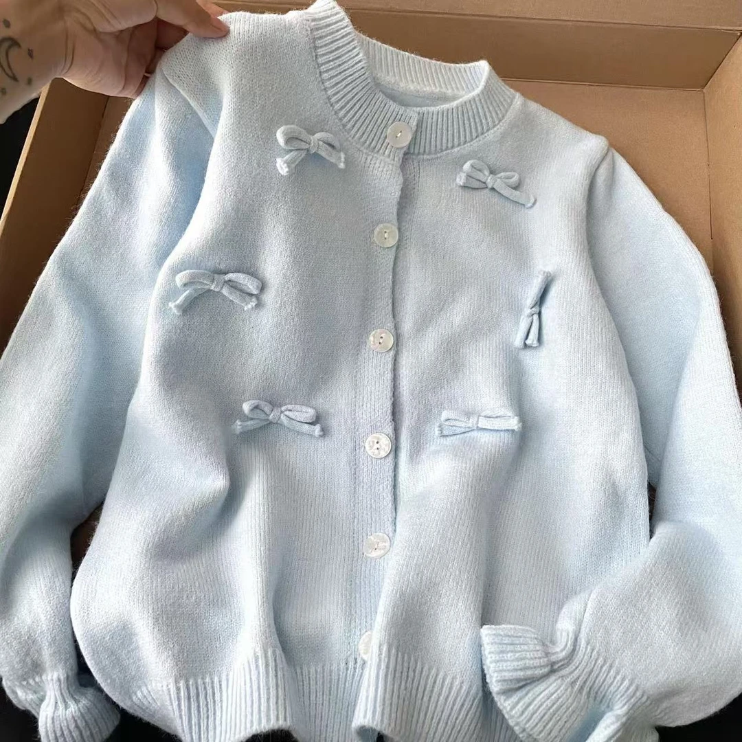 韩系软糯立体蝴蝶结圆领针织衫女早秋新款学院风百搭毛衣开衫外套