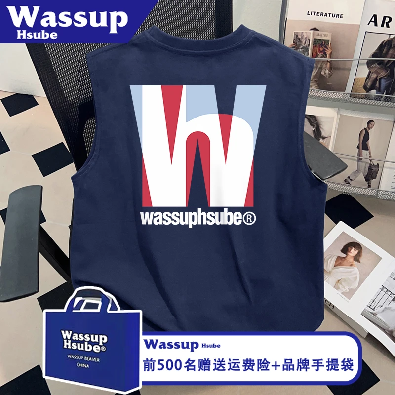 WASSUP HSUBE美式字母印花上衣男女夏季纯棉T恤ins藏青色无袖背心