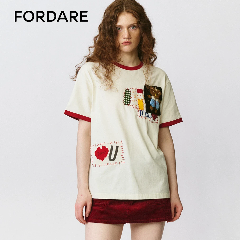 FORDARE福蝶 25早秋新品 复古碎花拼布小熊撞色T恤休闲女士3746