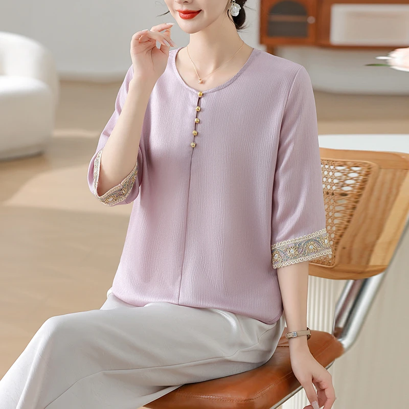 时尚夏季妈妈夏装套装新款中老年女透气上衣宽松中年人休闲两件套