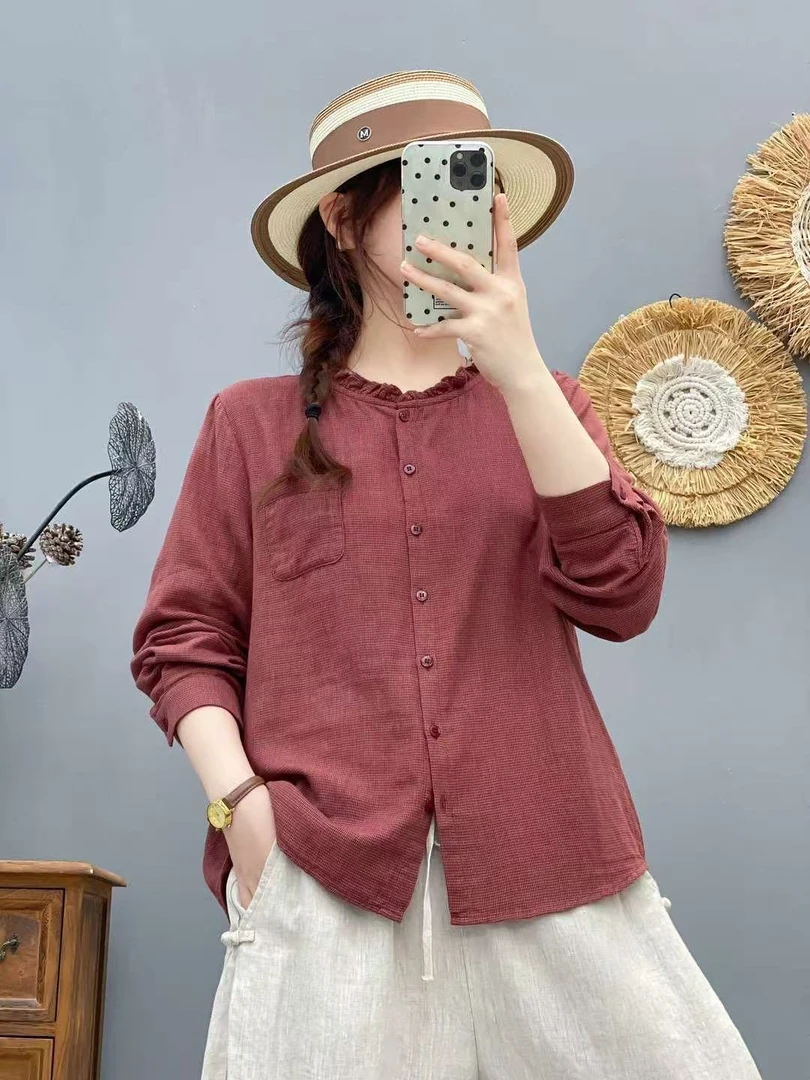 2025色织长袖千鸟格秋季女式显瘦外套文艺衬衫