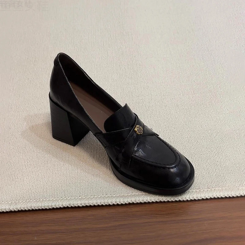 软底制服鞋复古增高7山真皮一蹬时尚乐福鞋女黑色通勤春秋女鞋
