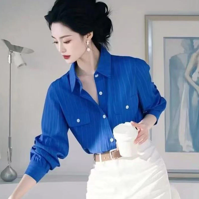 【2450人收藏】克莱因蓝polo领长袖衬衫女设计感衬衣小众别致超好看