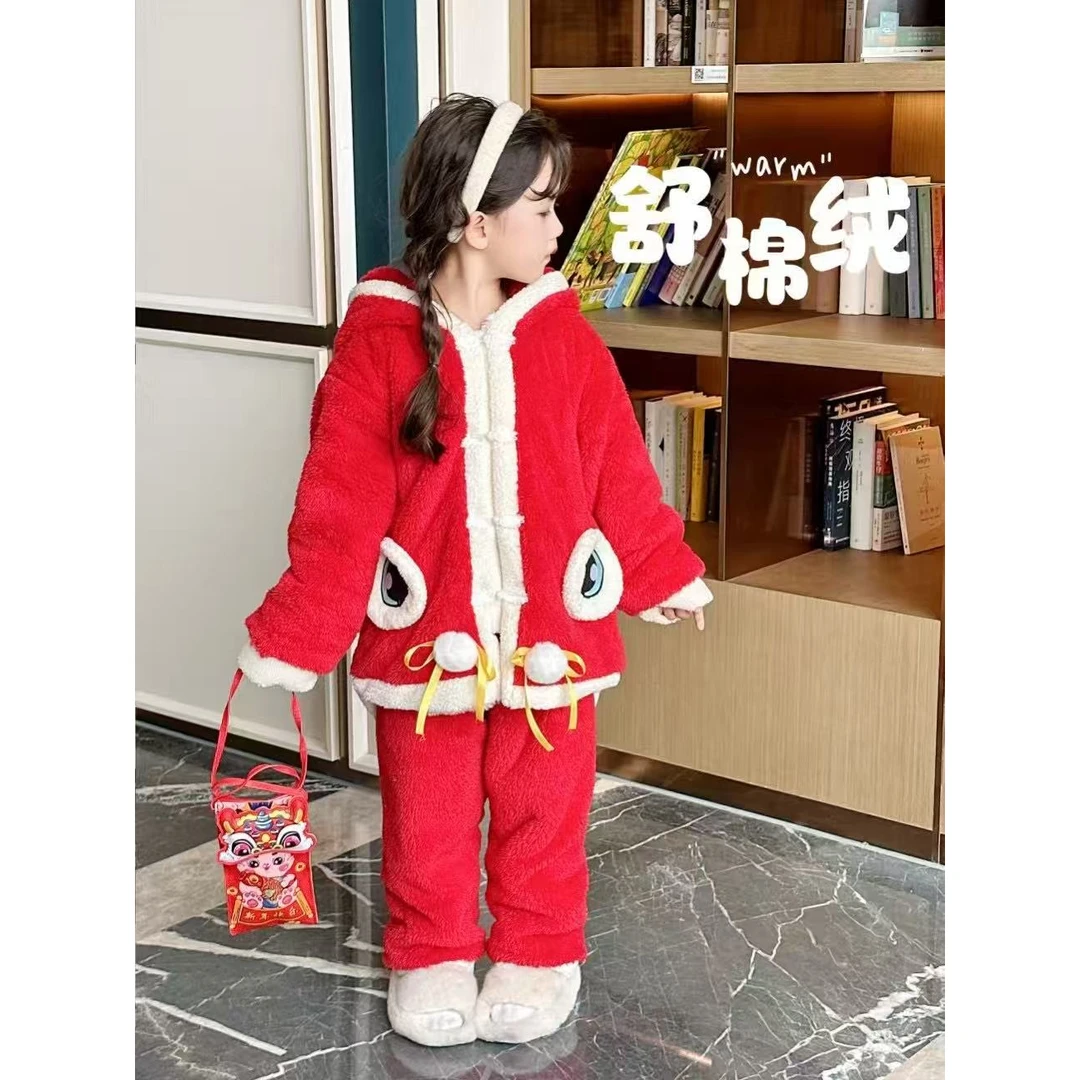 现货Q362女童冬季睡衣加绒加厚保暖毛球家居服套装