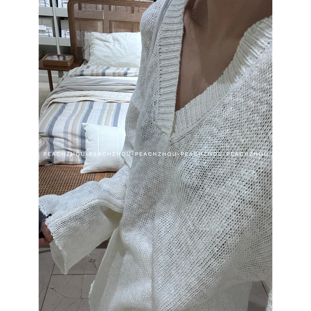 『PEACHZHOU』慵懒V领针织镂空宽松罩衫休闲百搭洋气松弛设计感上衣