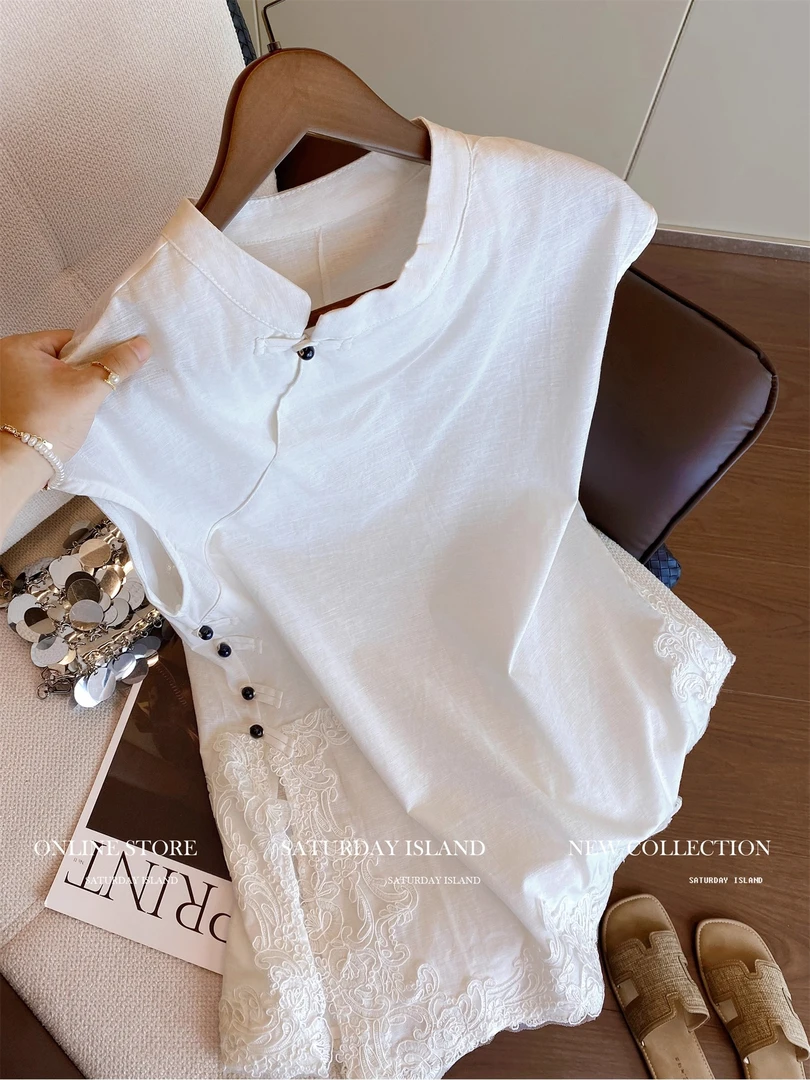 新中式国风提花刺绣盘扣立领无袖衬衫女2025夏季时尚气质百搭背心