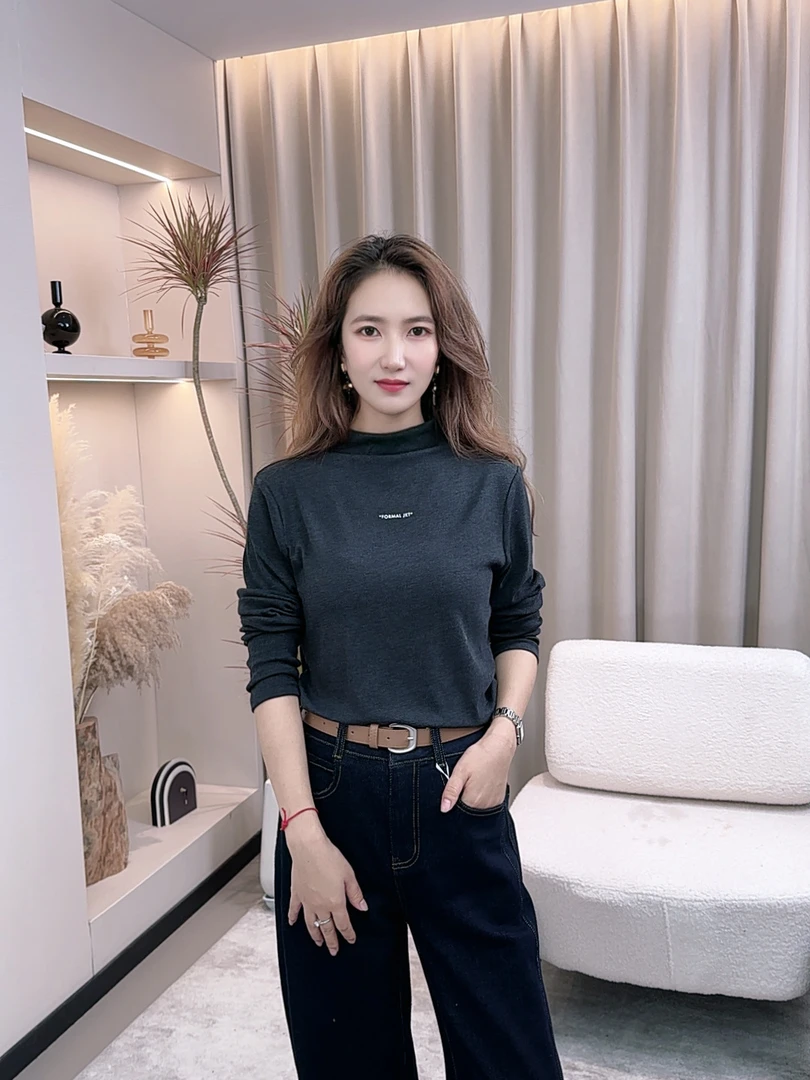 2025秋新款慕斯棉半高领T恤女修身显瘦洋气大码两面穿上衣