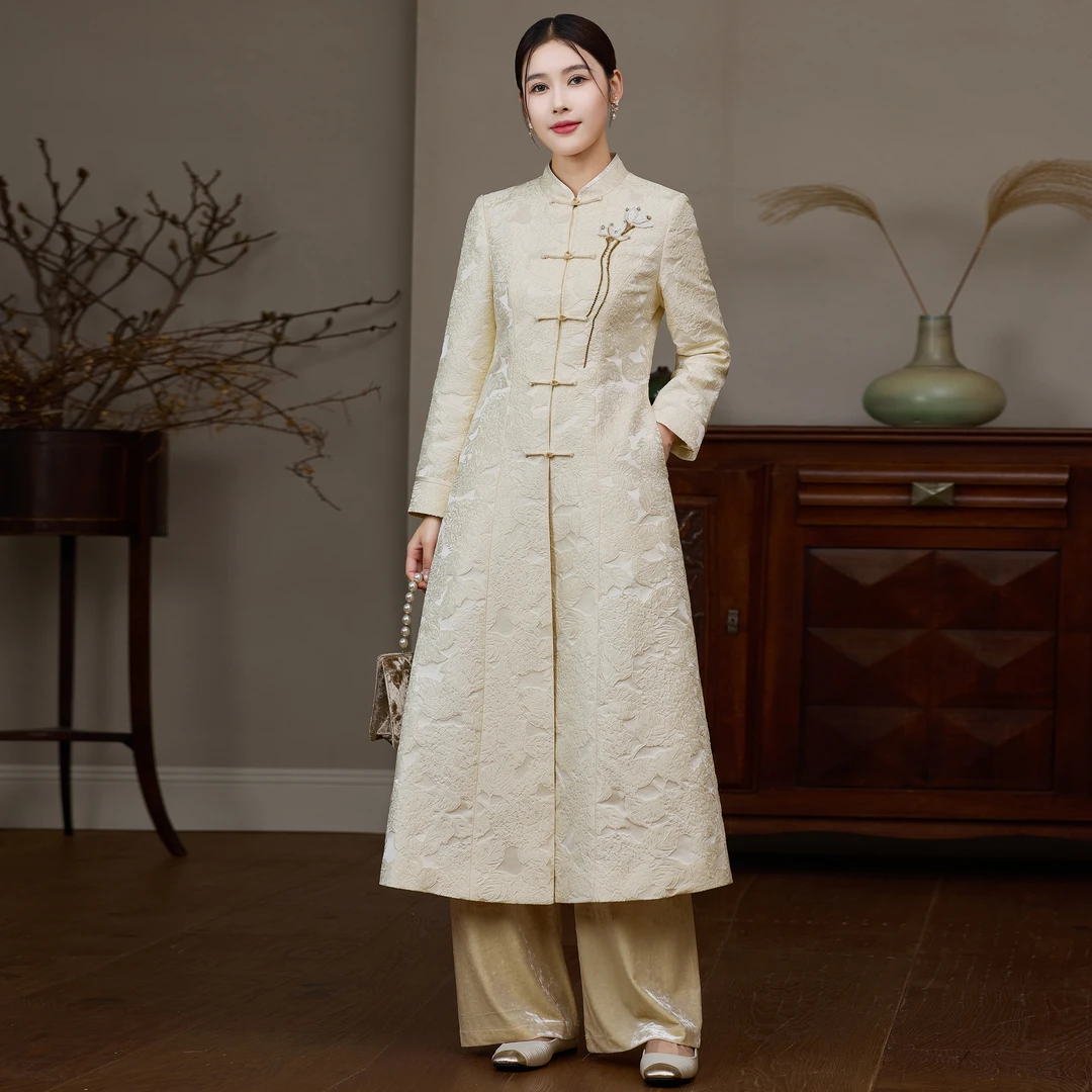 H309中式上衣女2025新款秋冬中长款显瘦气质盘扣大衣国风禅意茶服
