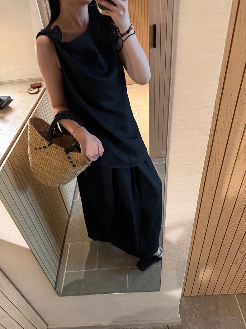 天丝麻不规则背心A字半裙2025夏季休闲套装