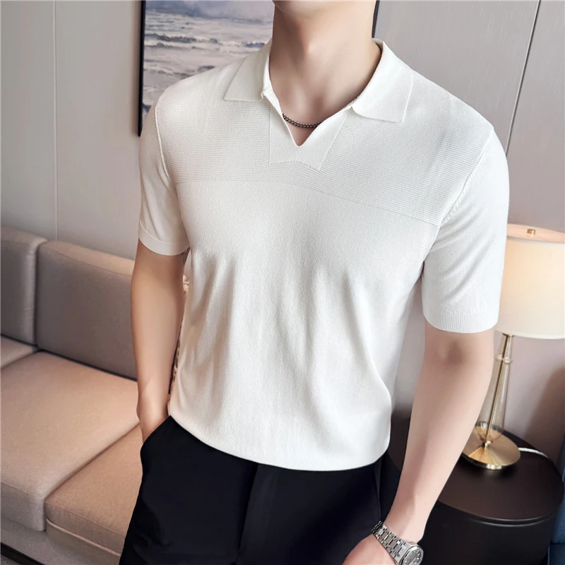V领针织POLO衫白色T恤衫短袖毛衣老钱风亲肤冰丝凉感针织短袖男