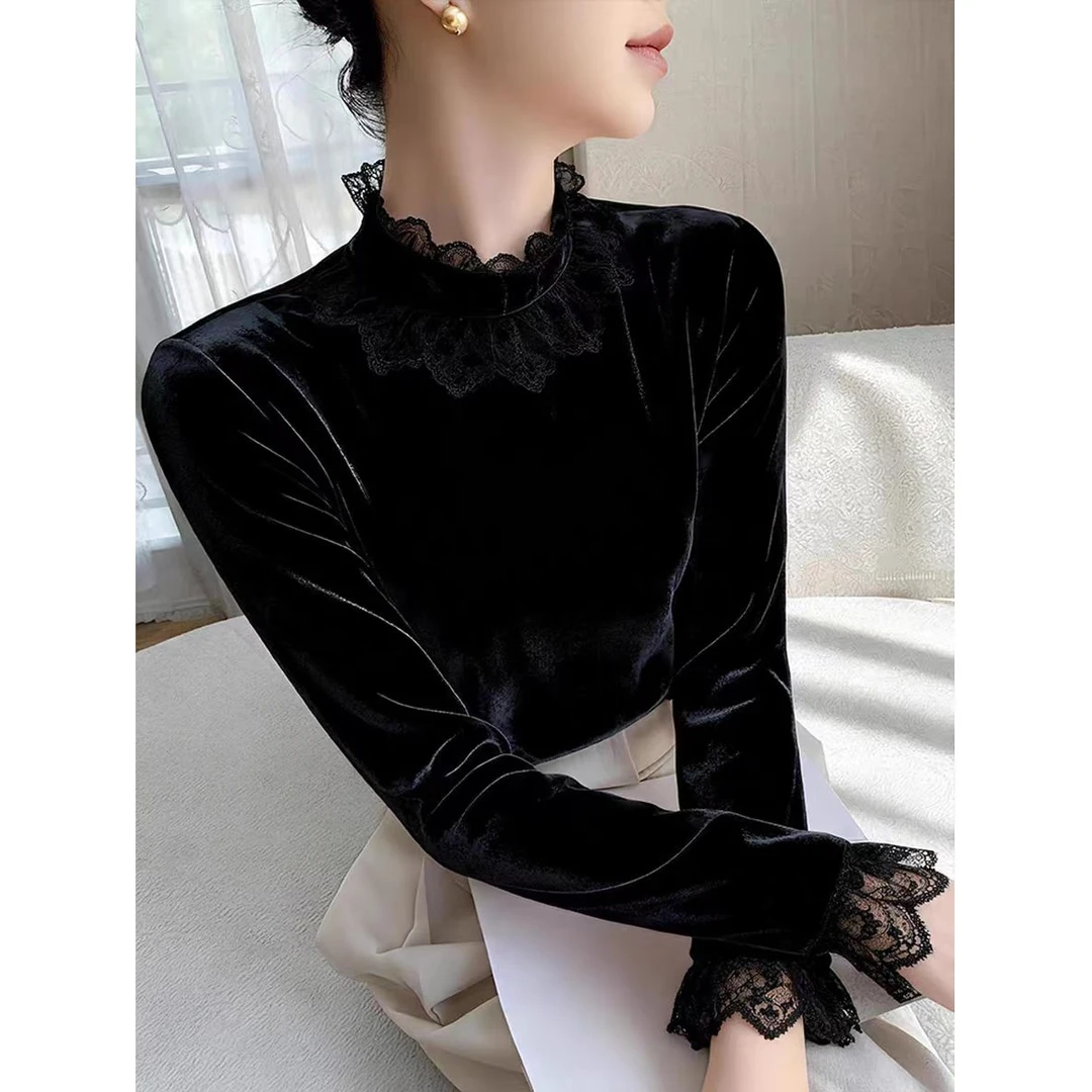 新中式国风黑色蕾丝拼接立领丝绒衬衫高级感轻奢叠穿内搭上衣秋冬