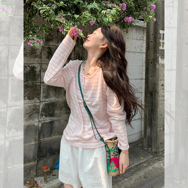 韩系chic别致粉色条纹吊带外搭上衣女夏季穿搭防晒罩衫长袖t恤薄