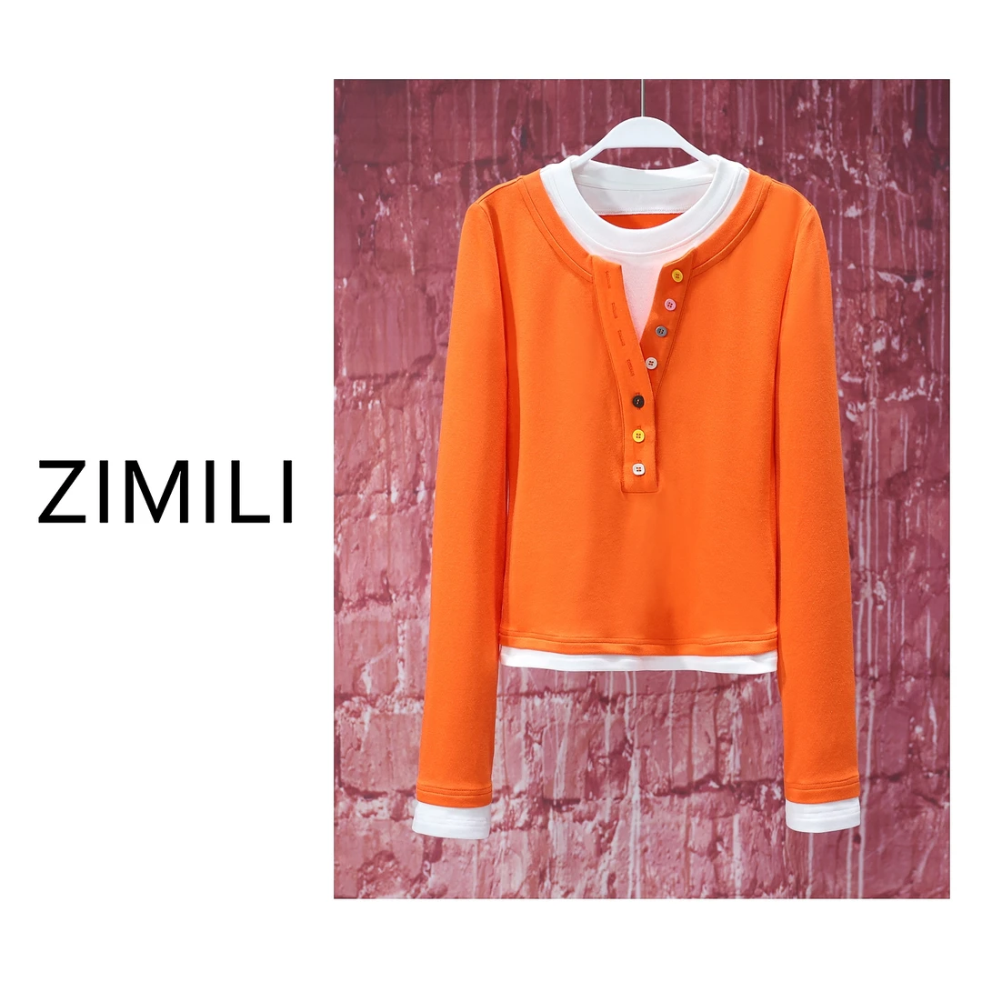 【亮哥女装】2025秋冬《柿橙》爱玛橙假两件层次高弹打底上衣5555-A4