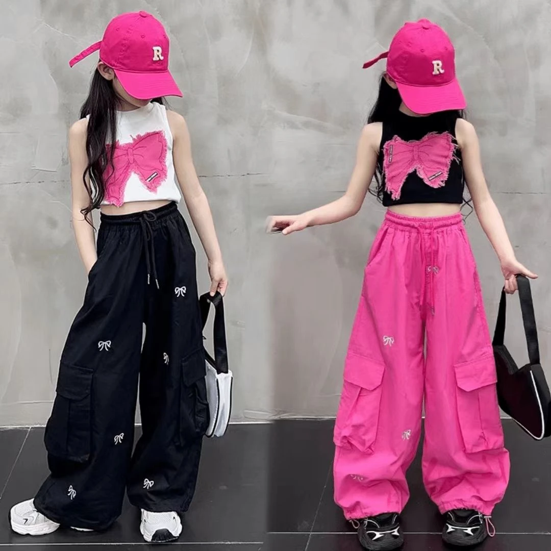 女童夏季工装儿童洋气速干2025蝴蝶刺绣女大童网红休闲薄款长裤潮