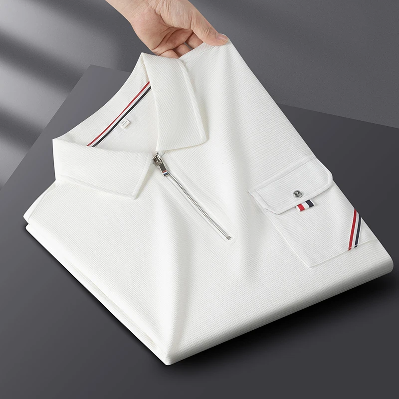 轻奢时尚休闲透气翻领拉链POLO衫短袖男士夏季薄款口袋款半袖t恤