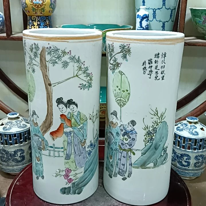 摆件吉****6粉彩手绘人物帽桶一对全品