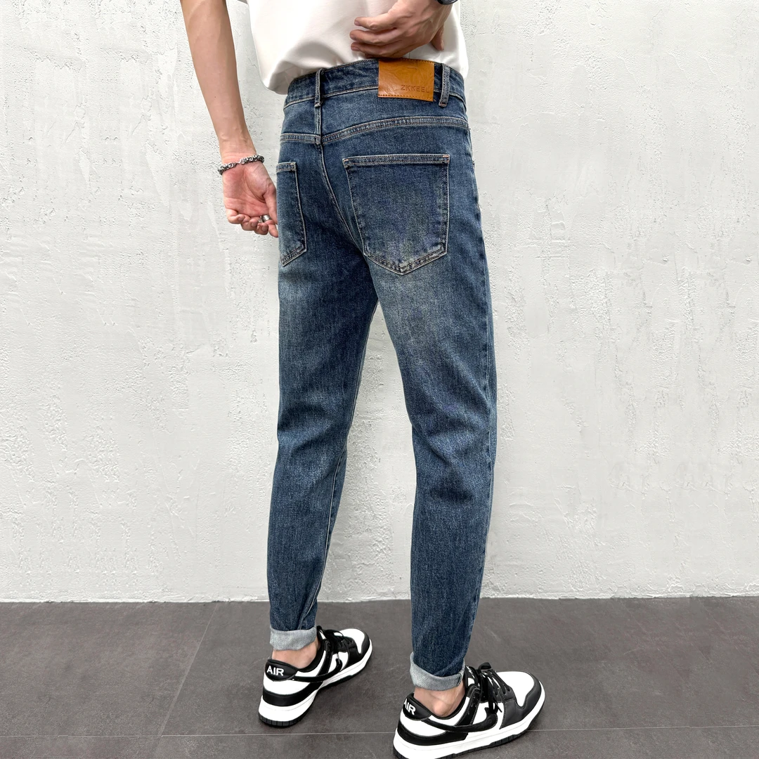 秋季韩版修身小脚牛仔裤爆款2025新款简约休闲蓝色男士弹力长裤子
