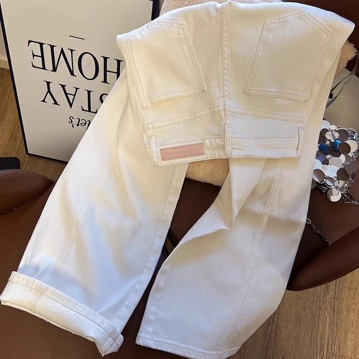 2025新款白色牛仔裤少女感小设计窄版高腰直筒阔腿时尚百搭