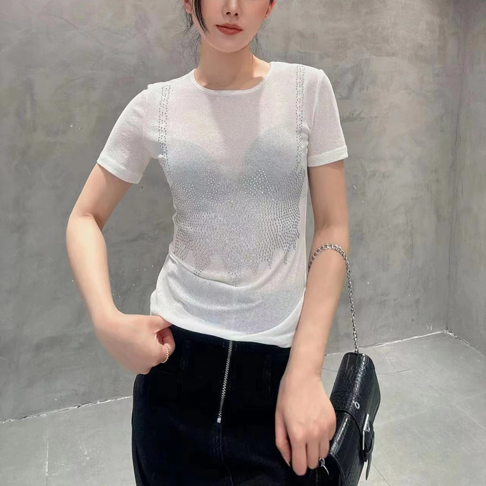 时尚潮流重工烫钻白色短袖T恤X9660