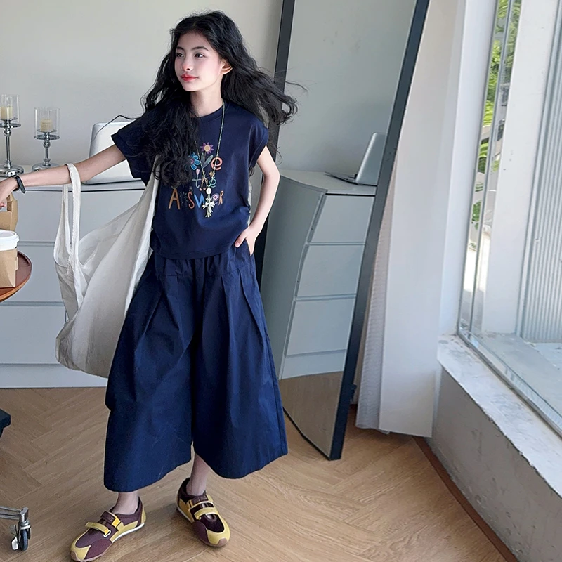 女童夏装2025新款七分裤套装儿童夏季短袖阔腿裤两件套薄款洋气