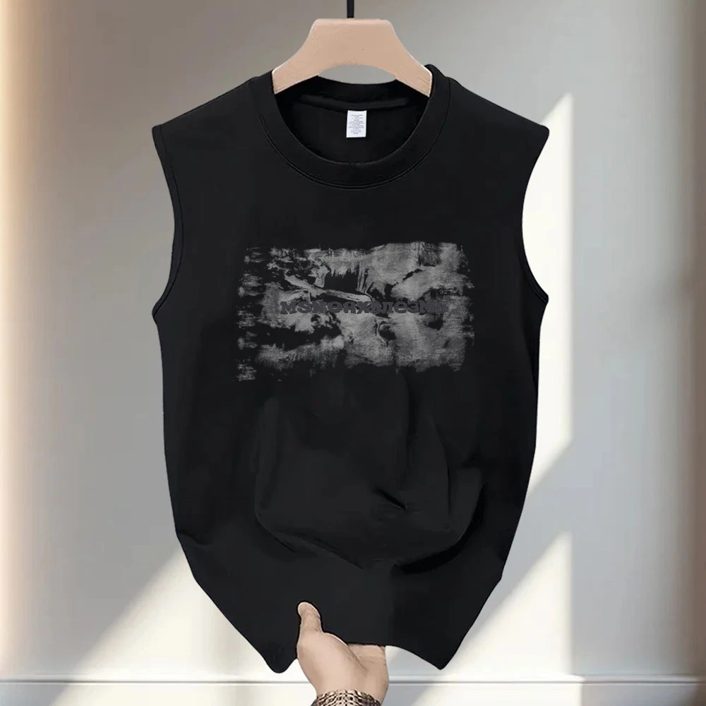 夏季复古创意高级感欧美街头男女圆领纯棉无袖坎肩背心宽松嘻哈风