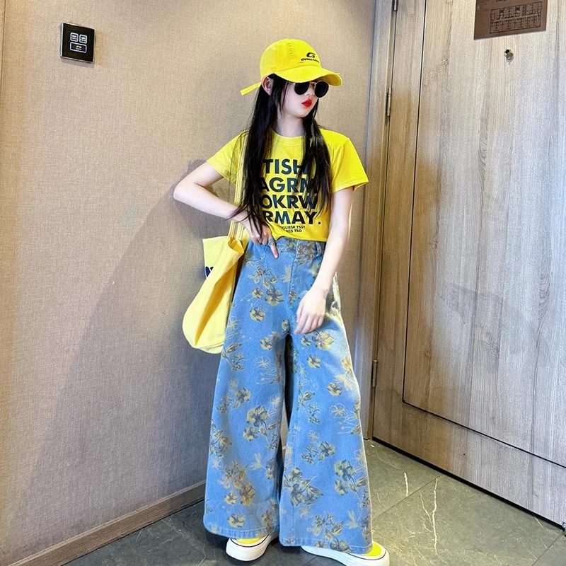 女童夏季宽松牛仔裤套装2025新款时尚休闲女孩洋气美式短袖T恤潮