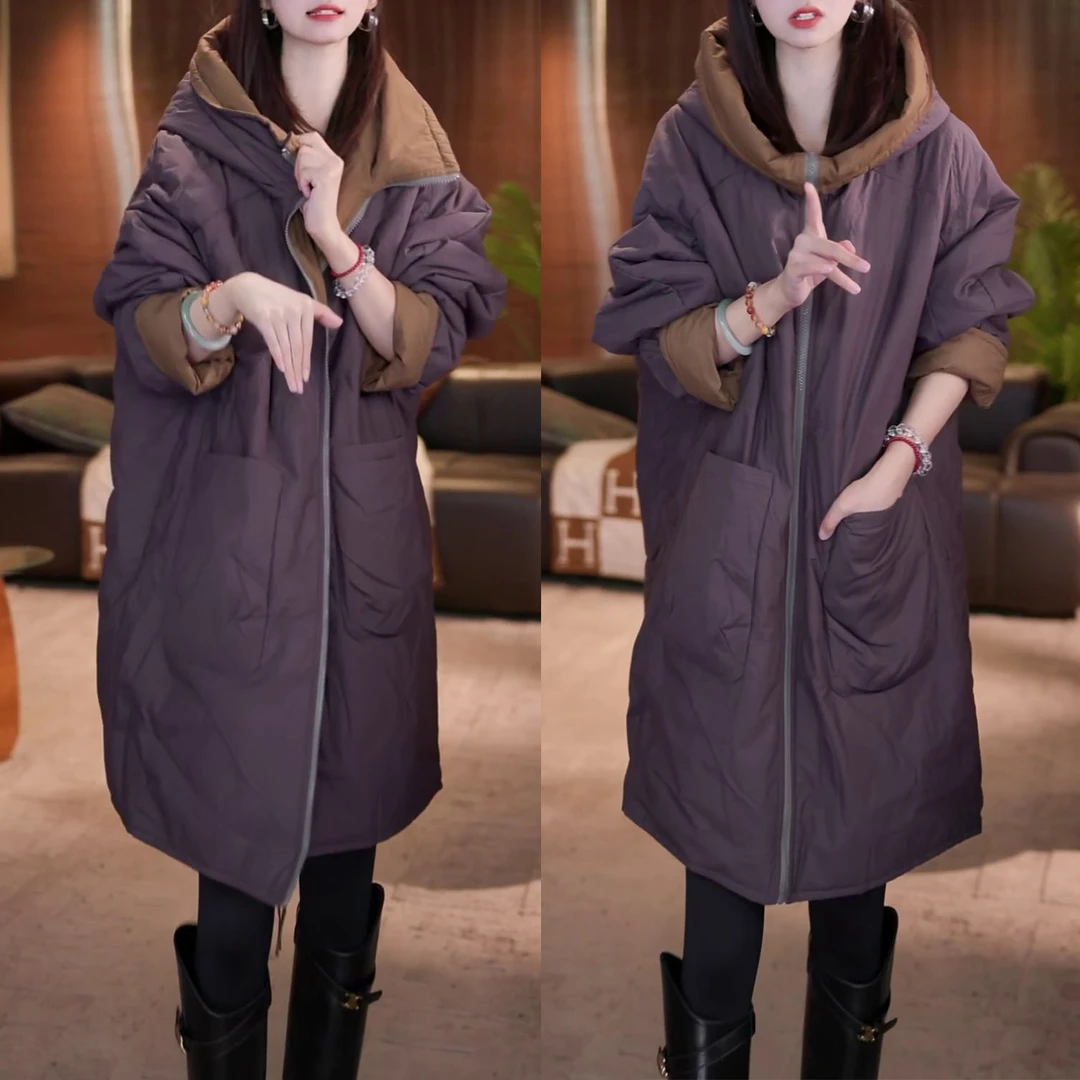秋冬新款时尚气质加厚双面穿棉服复古宽松保暖连帽显瘦外套棉衣女