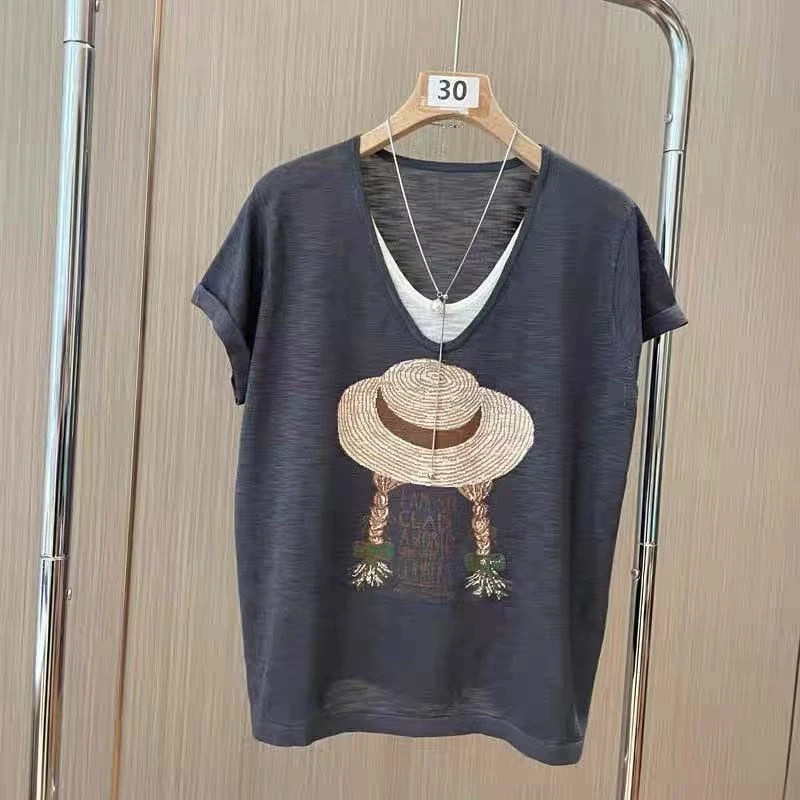 「草帽背影」超凉爽~夏季竹节亚麻简约撞色假两件短袖针织印花上衣