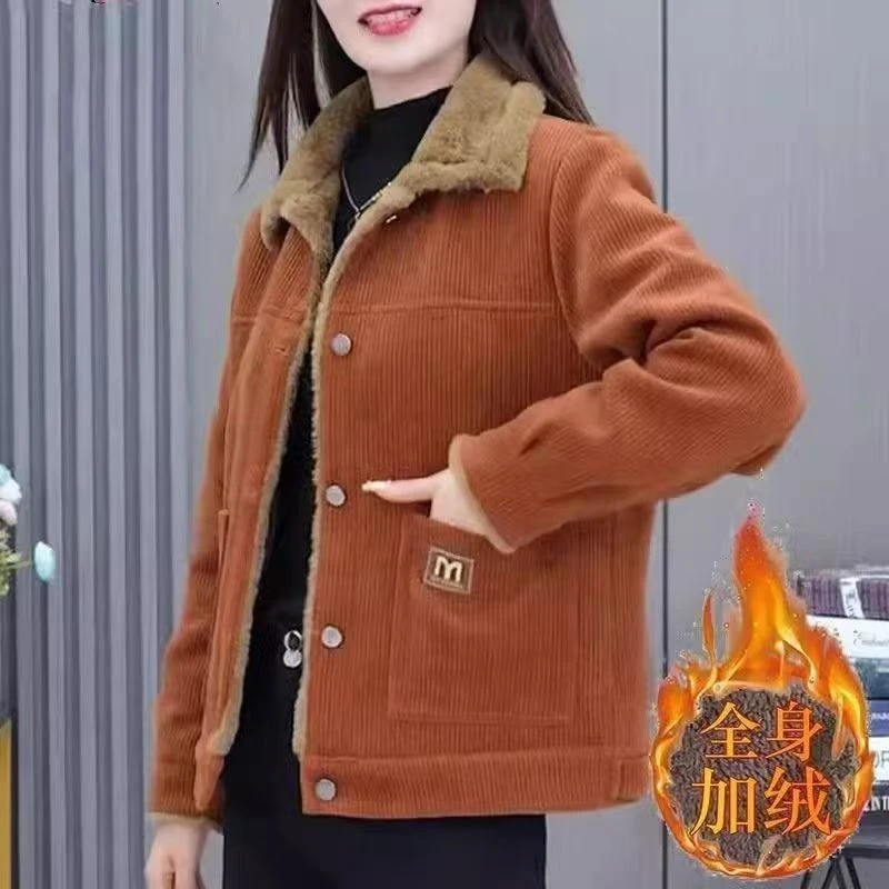 【运费补贴】秋冬新款灯芯绒女士短加绒加厚保暖宽松显瘦长袖外套