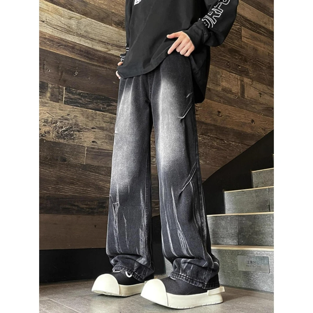 扎染牛仔裤男ins百搭新款潮牌裤子水洗磨白条纹直筒宽松长裤