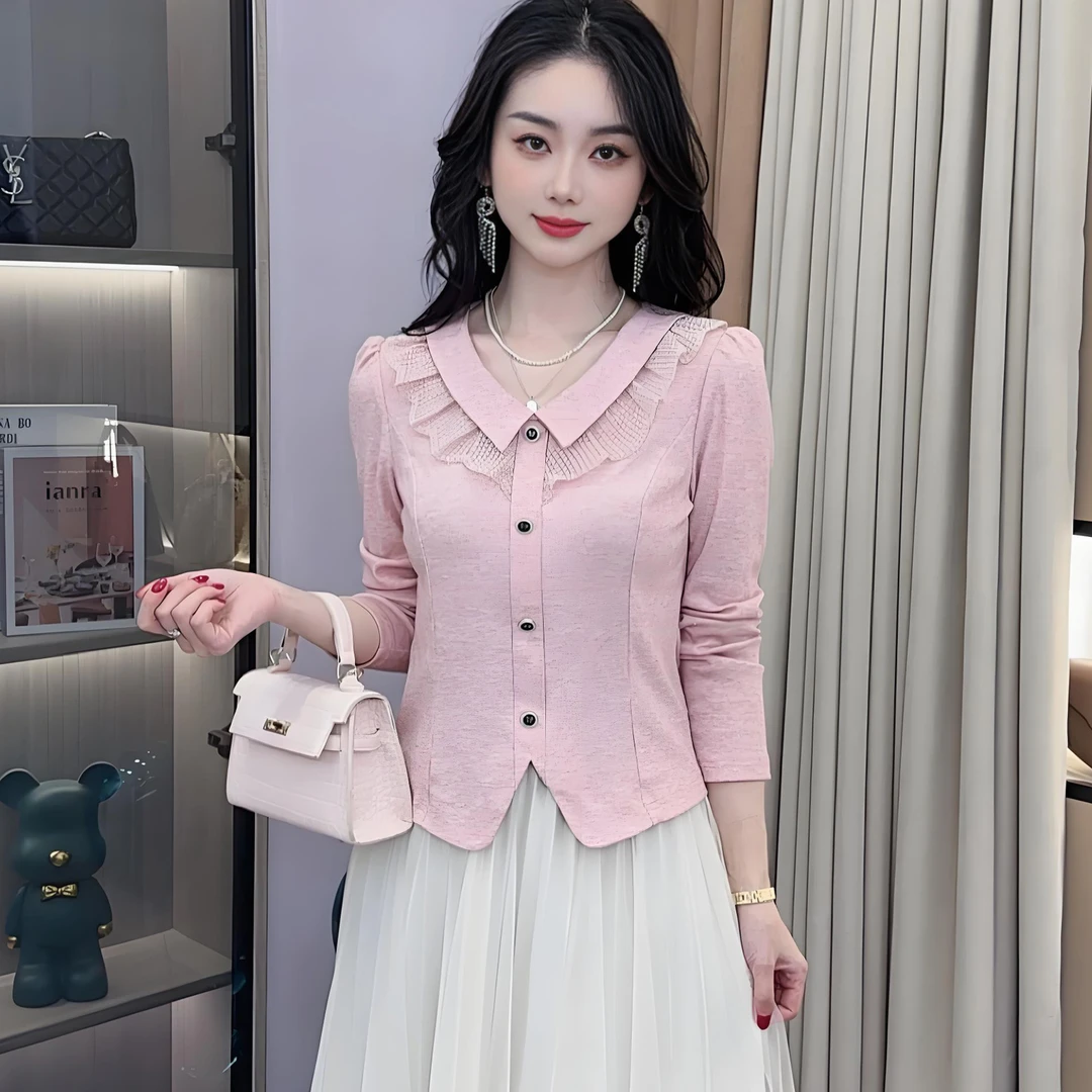 拉夏贝尔流行时尚长袖T恤女早秋新款超好看洋气V领上衣显瘦体恤衫