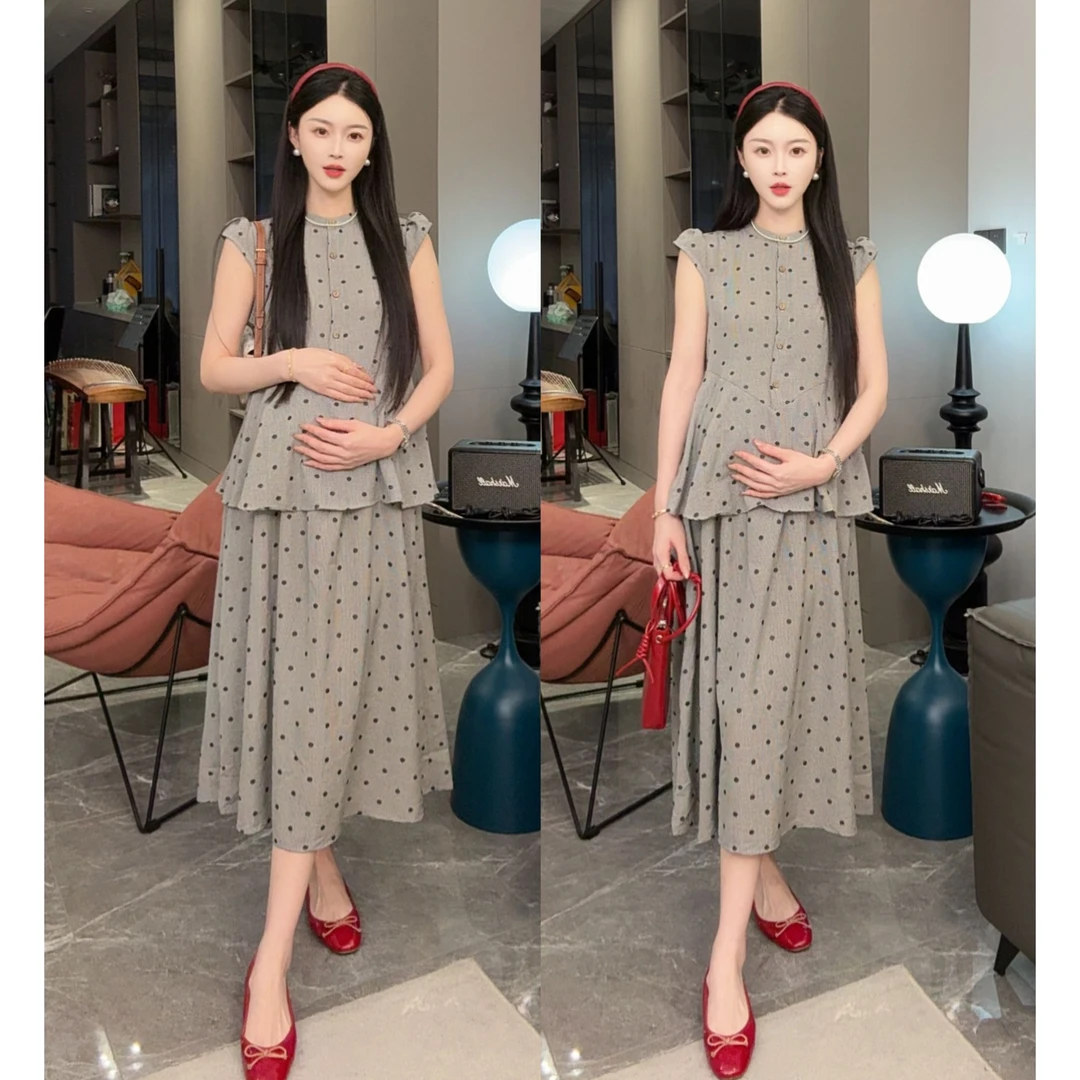 时尚显瘦孕妇装假两件波点长裙子女宽松裙子2025夏新款孕妇连衣裙