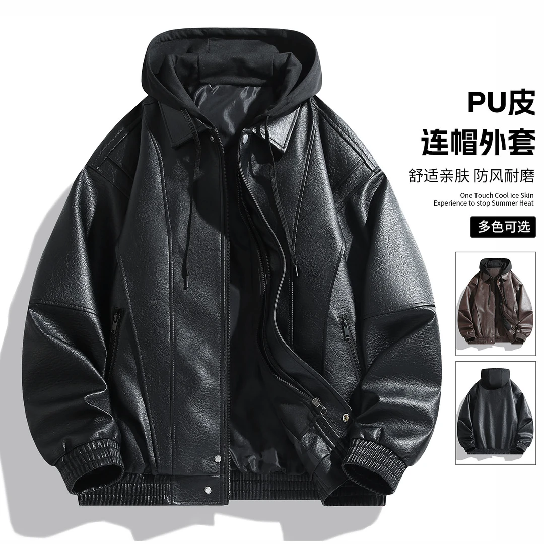 玛斯柏PU皮连帽皮衣外套男士春秋季宽松百搭帅气街头防风复古夹克